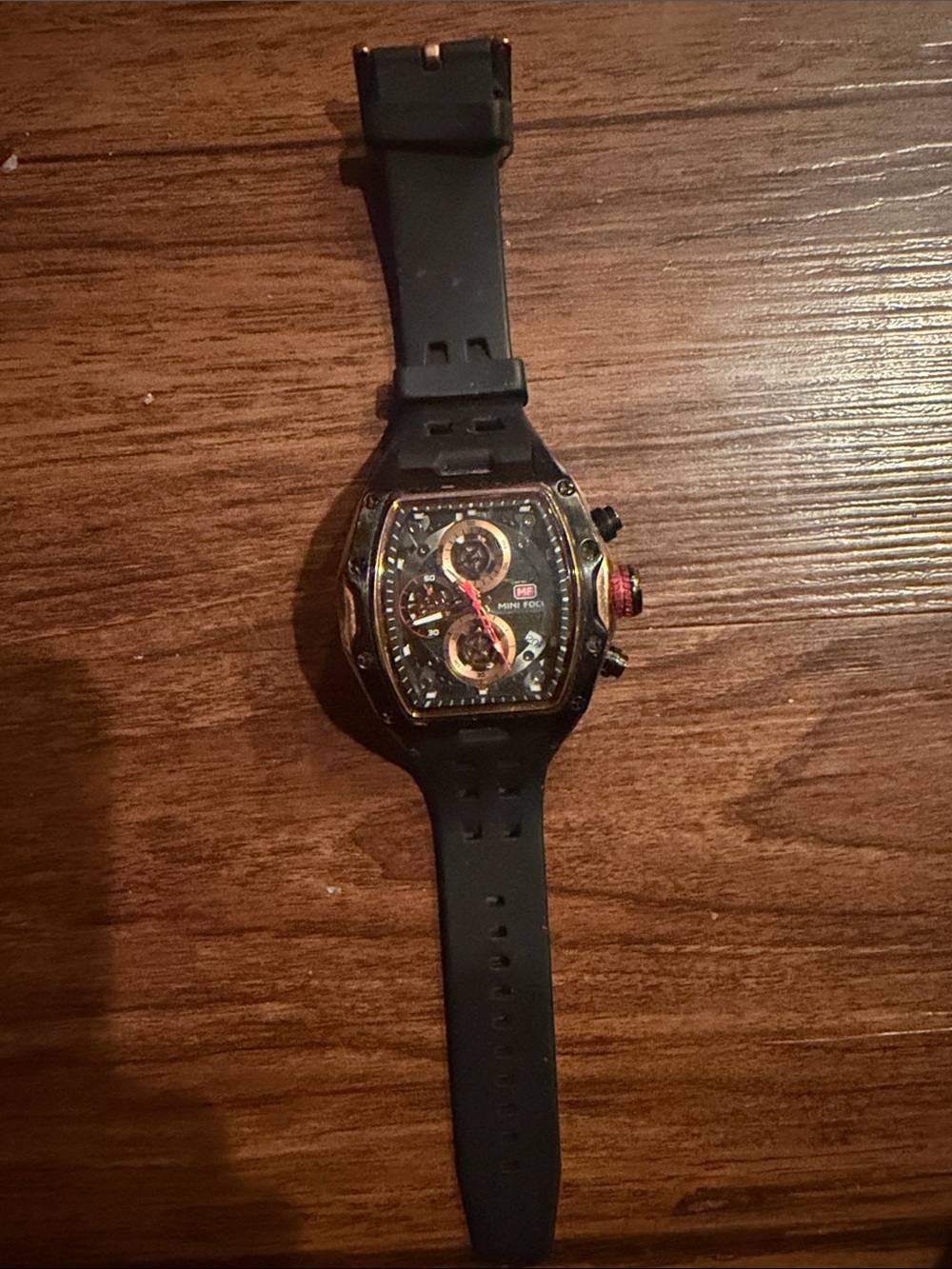 Black Sport Chronograph Watch with Rose Gold Accents